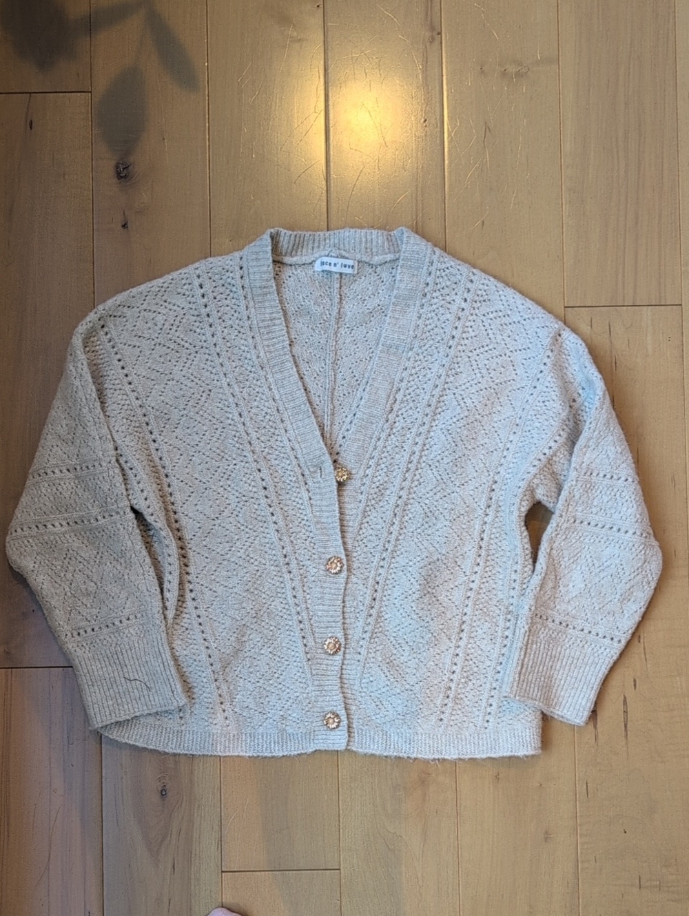 Oversized Cream Openwork Knit Cardigan with Decorative Buttons